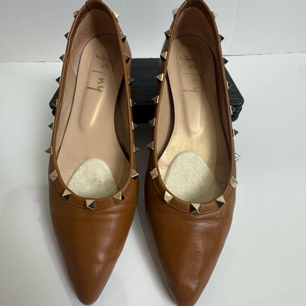 FS/NY Leather Studded Pointed Toe Flats Cognac Brown Ballet Shoes 8.5 B Spain